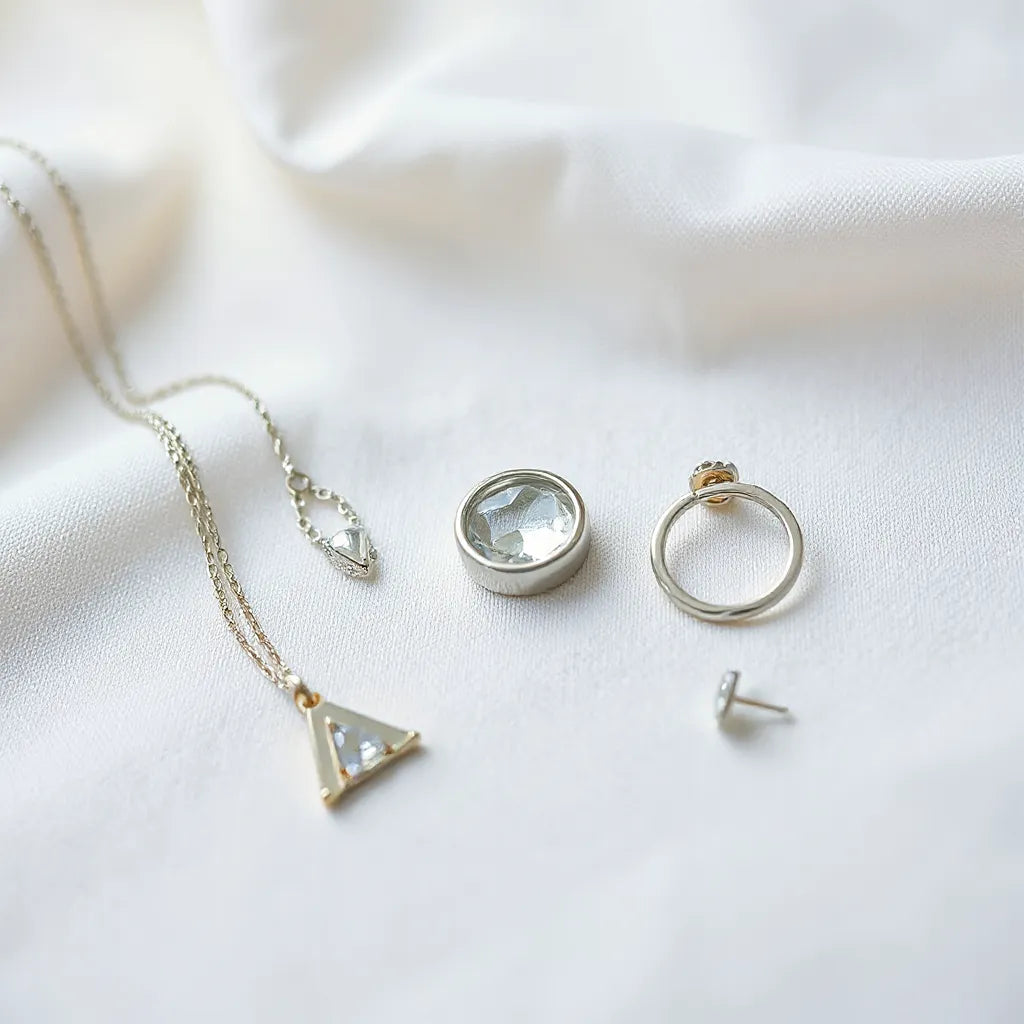 Assorted solid sterling silver necklace, ring, pendant, and stud earrings arranged neatly on light fabric