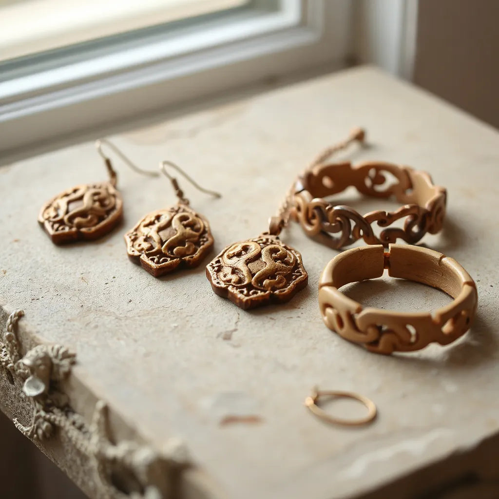 Carved pendant necklace with matching carved earrings and bracelet on a neutral stone surface