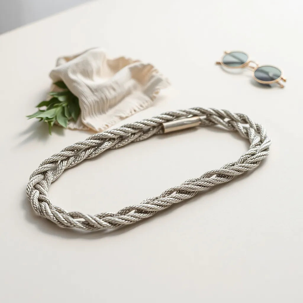 Silver rope chain with detailed metal links on a light neutral background