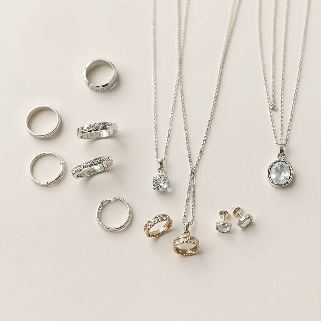Assorted sterling silver rings, necklaces, and earrings arranged neatly on a light background