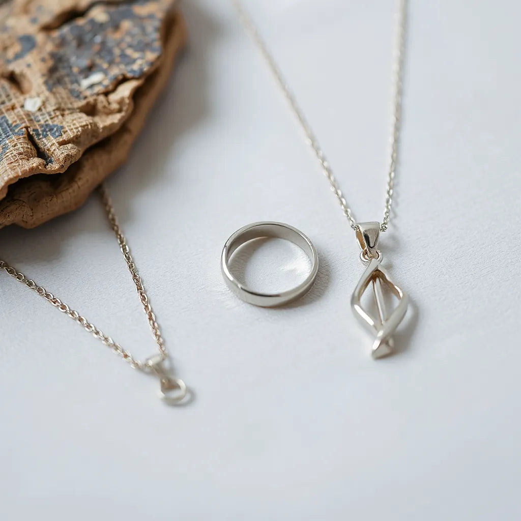 Polished sterling silver chain, ring, and pendant with clear surface reflections on neutral fabric