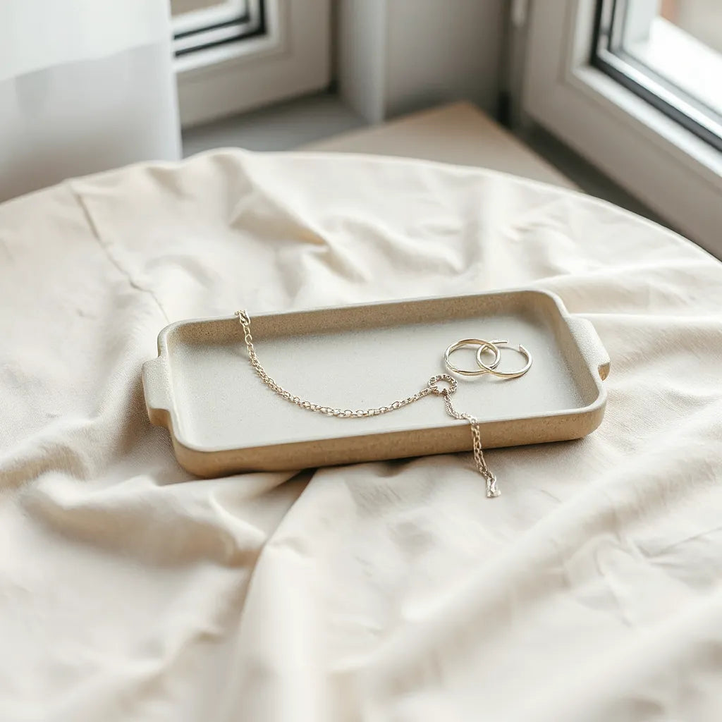 Polished silver necklace, bracelet, and earrings arranged on a neutral fabric under soft natural light