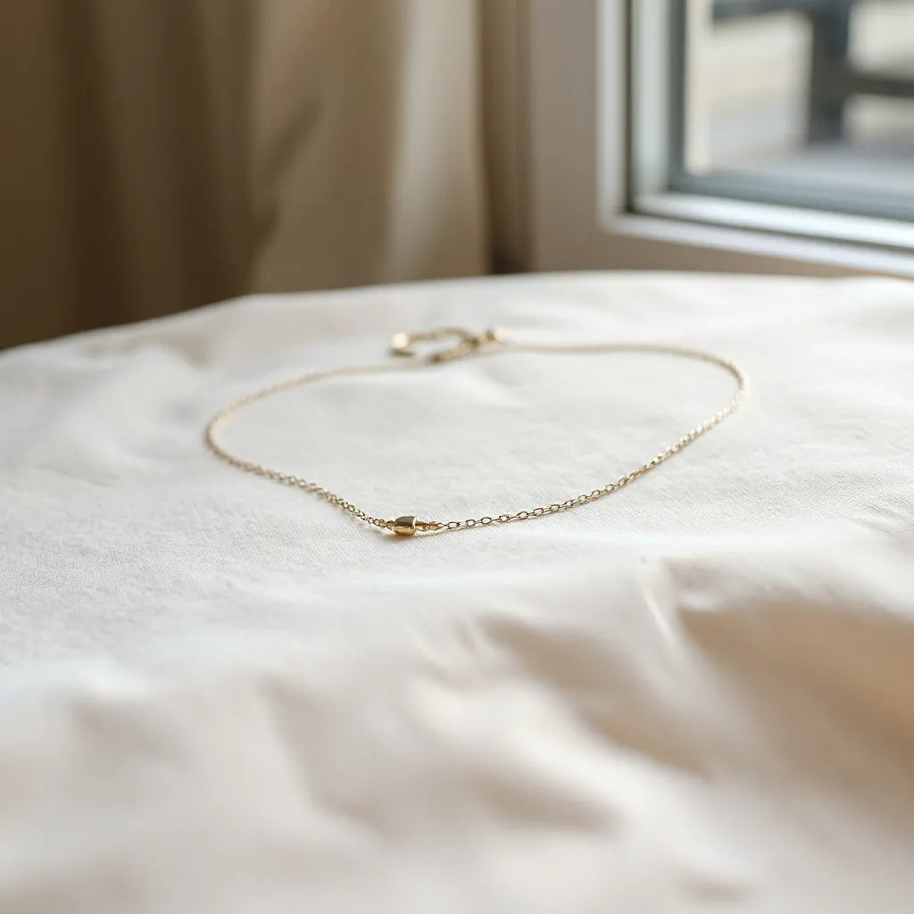 Fine-link minimalist chain necklace resting on light fabric with soft natural lighting