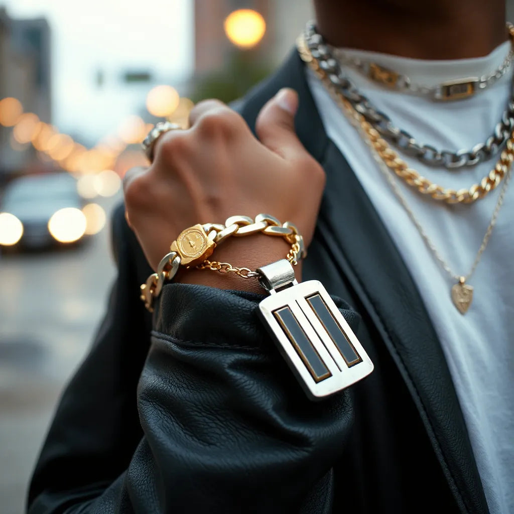 Layered chain necklace with pendant, bracelet, and ring on a leather jacket sleeve