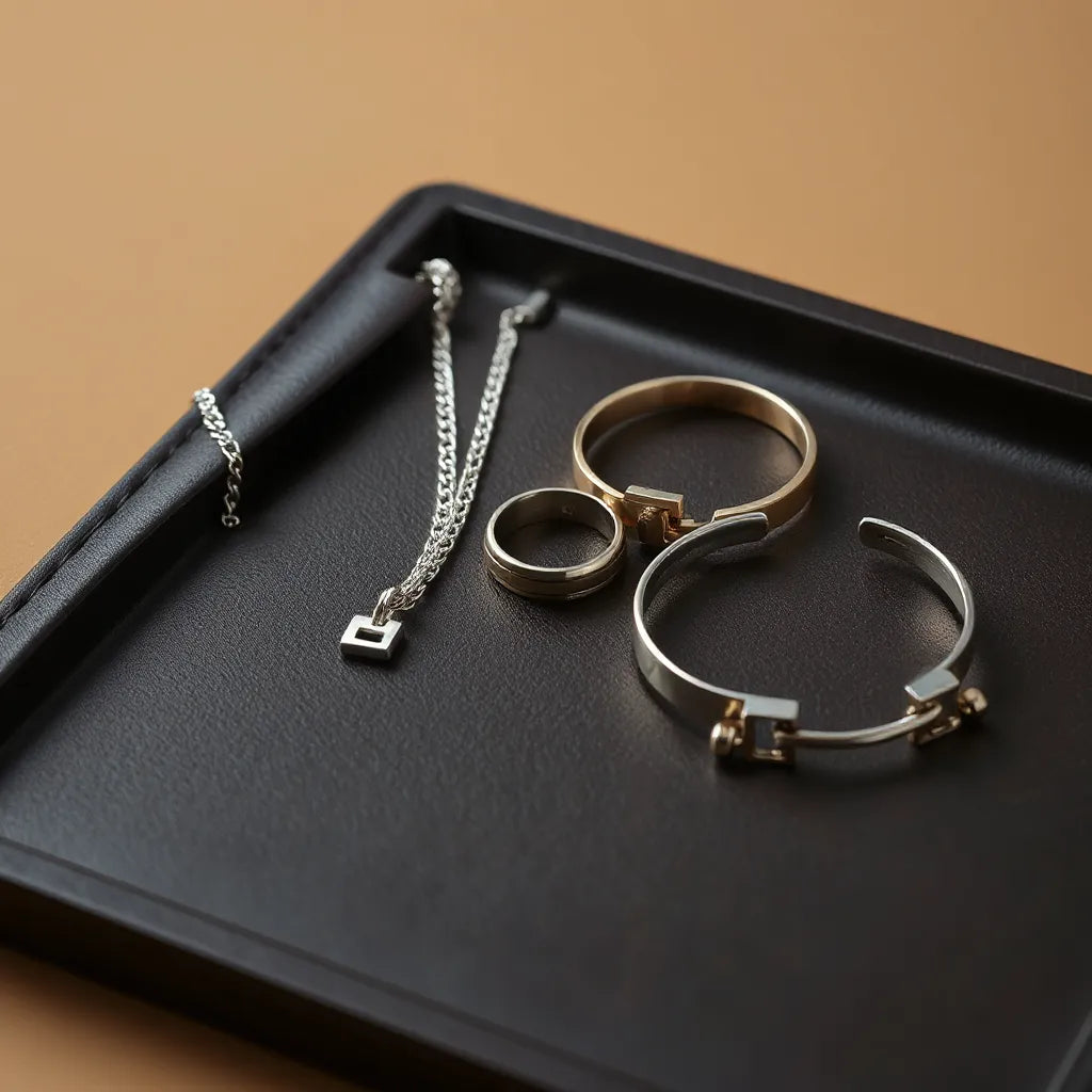 Modern silver necklace, ring, and bracelet on a dark leather tray in soft studio light