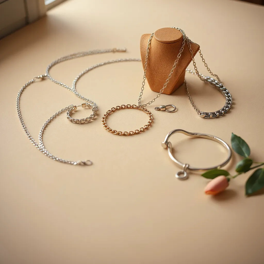 Assorted artisan-made Italian chain necklaces arranged to show link detail and metal shine