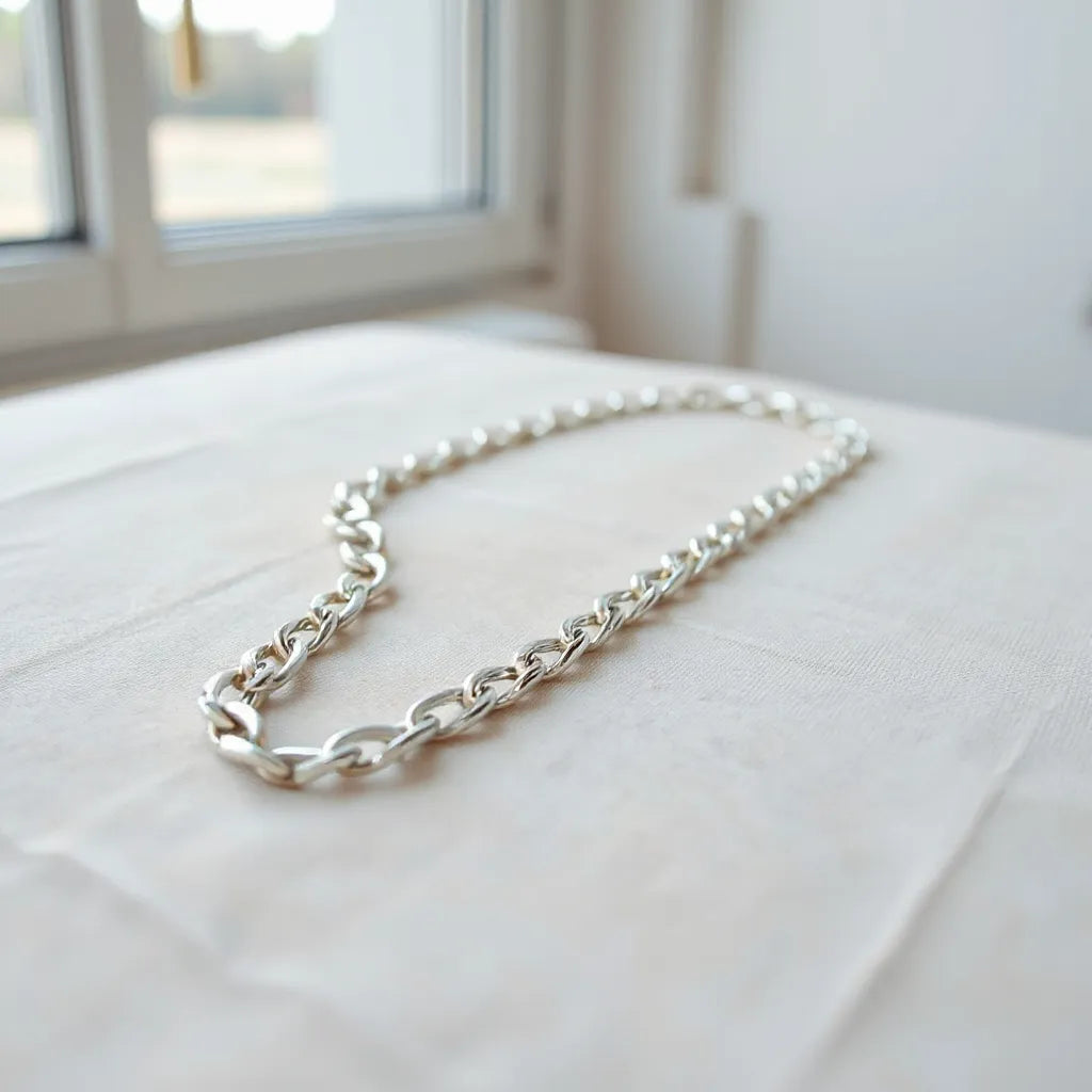 Silver franco chain necklace with detailed links and soft reflections on neutral fabric