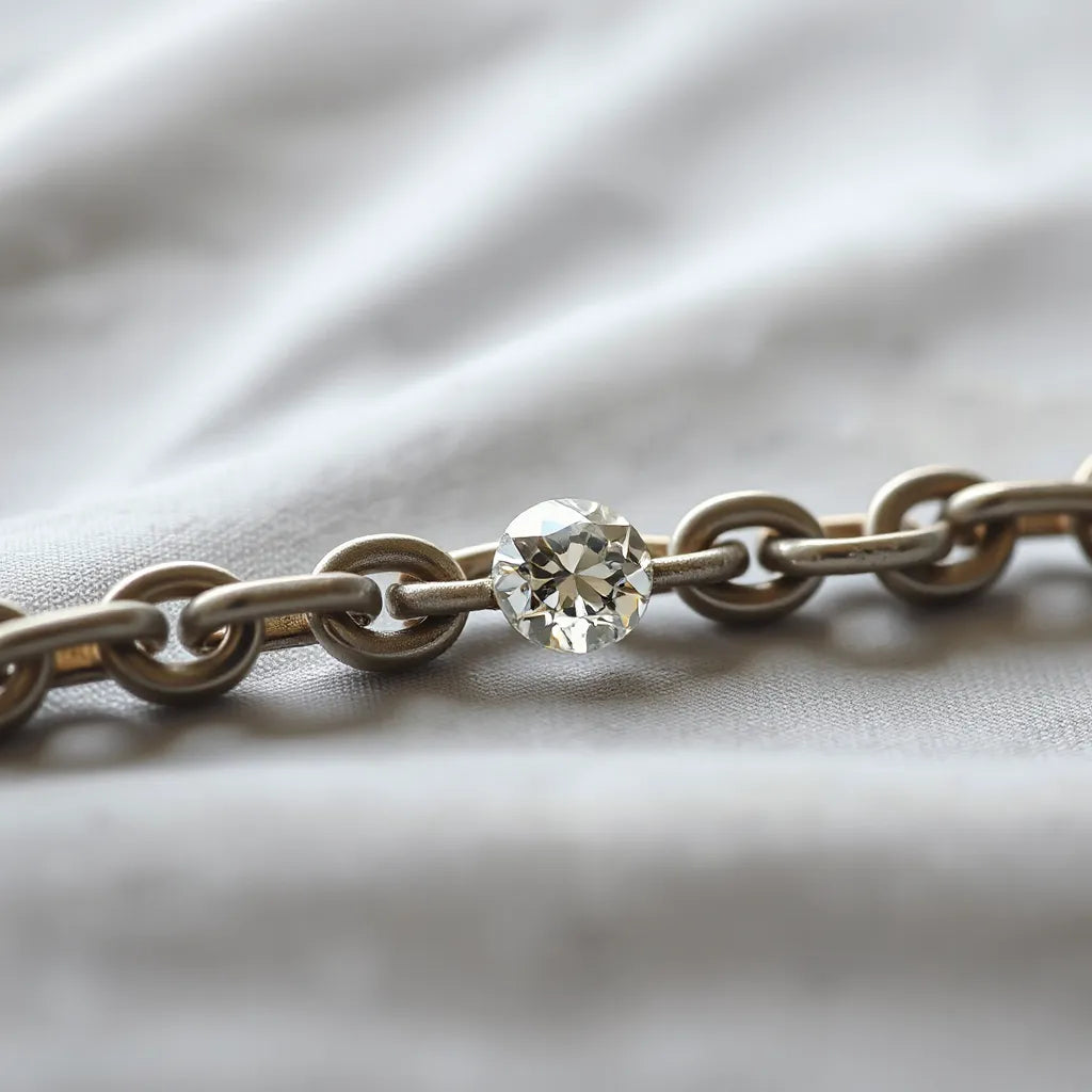 Diamond cut chain with crisp facets lying on light fabric under soft studio lighting
