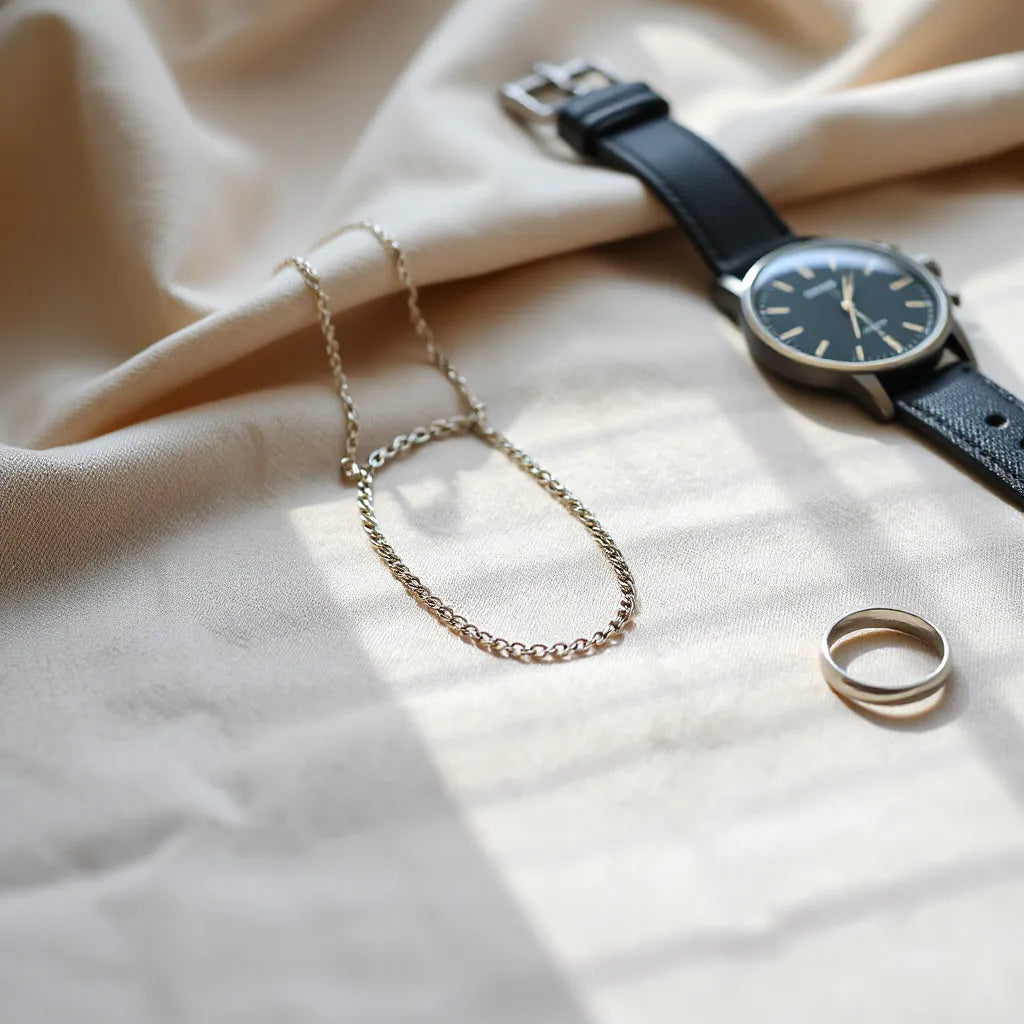 Figaro chain necklace with subtle metal shine arranged on neutral fabric under soft natural light