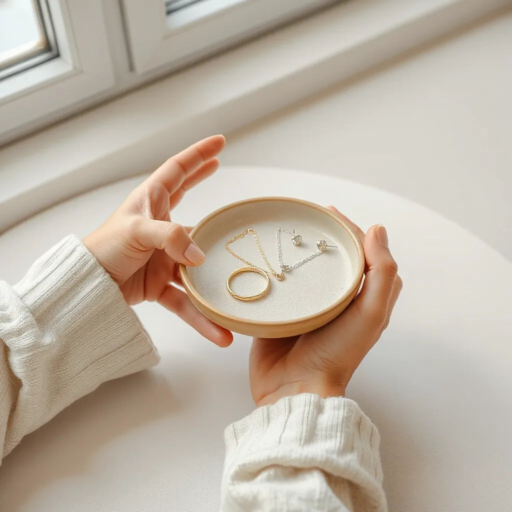 Hands holding everyday rings, a thin necklace, and stud earrings in a clean tray