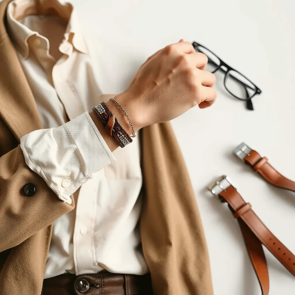 Man’s wrist with leather and metal bracelets paired with a casual outfit