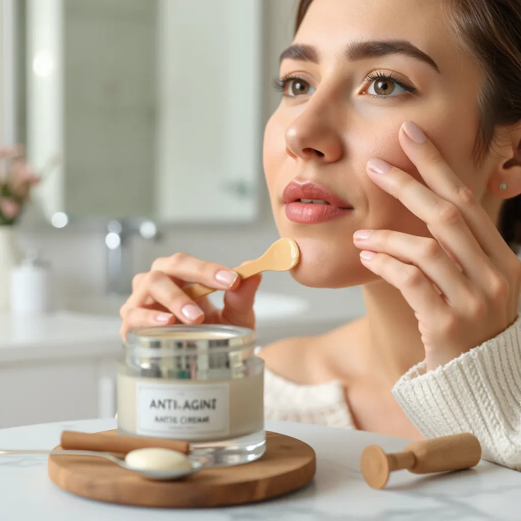 Woman applying a smooth anti-aging face cream to her cheek with a minimal skincare setup nearby