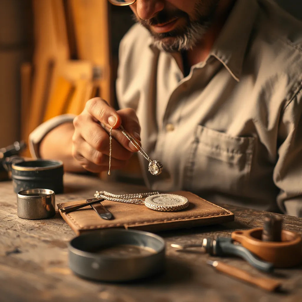 Artisan hands crafting a finely detailed Italian-inspired jewelry piece on a workbench with tools