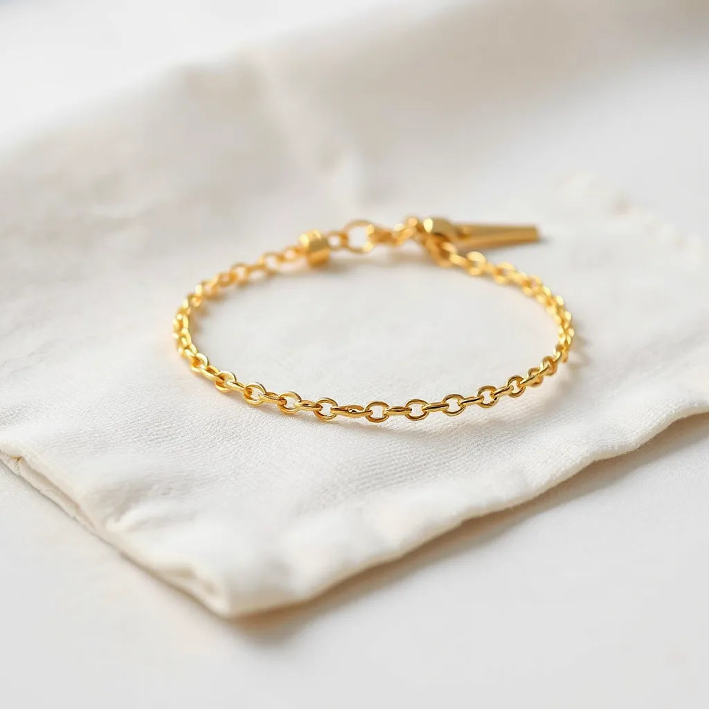 14k gold vermeil bracelet with delicate links on light fabric beside a soft cloth