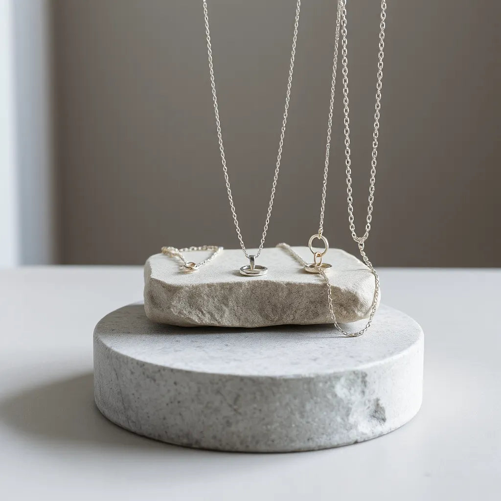 Layered designer silver necklaces with fine chain and small pendant on a minimalist pedestal