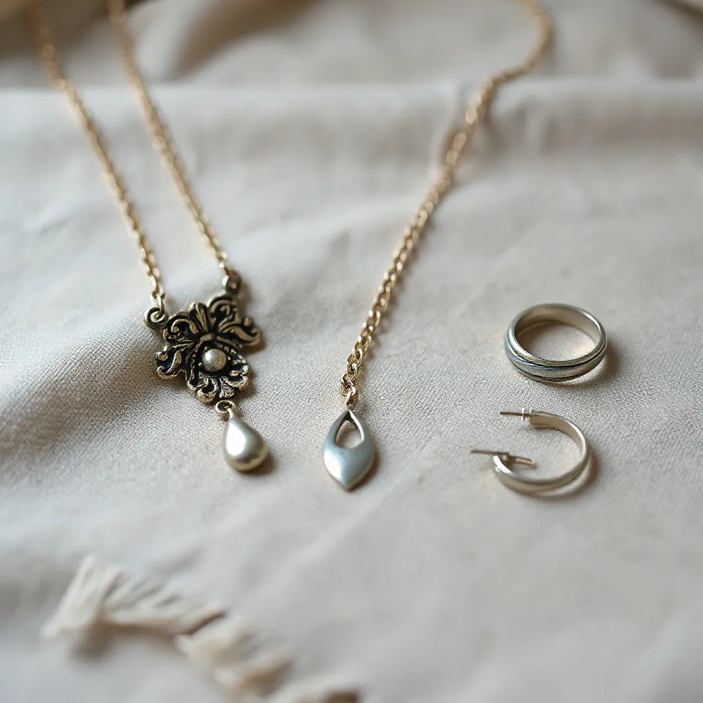 Vintage silver necklace, ring, and earrings on neutral linen with soft natural light