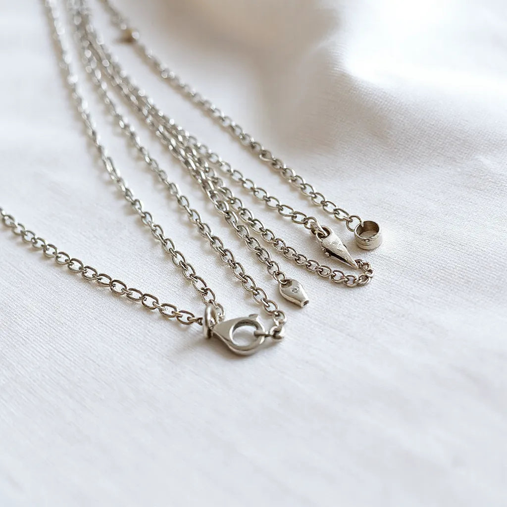 Assorted 925 sterling silver chains with subtle shine laid on neutral fabric