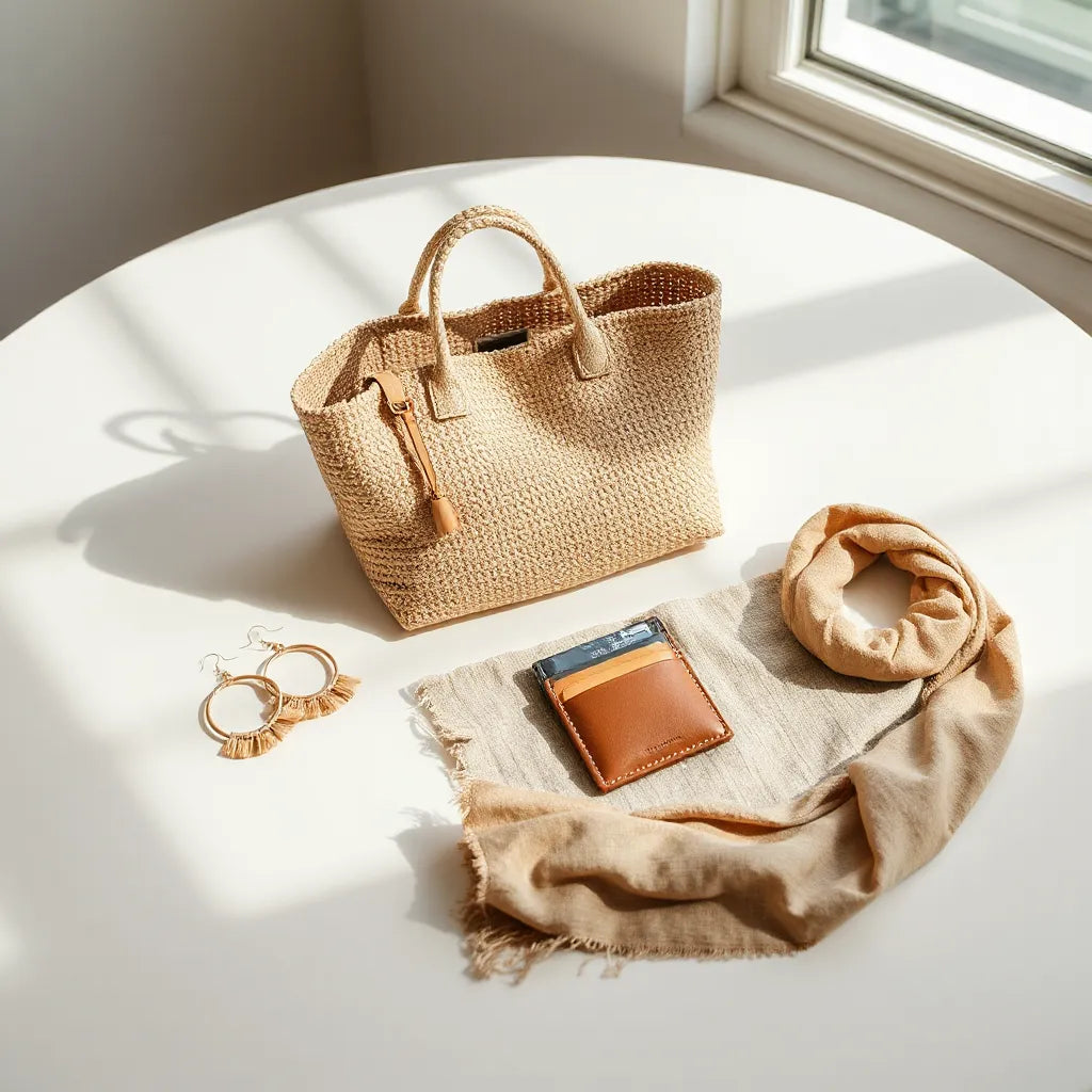 Handmade accessories in natural materials laid out on a neutral tabletop