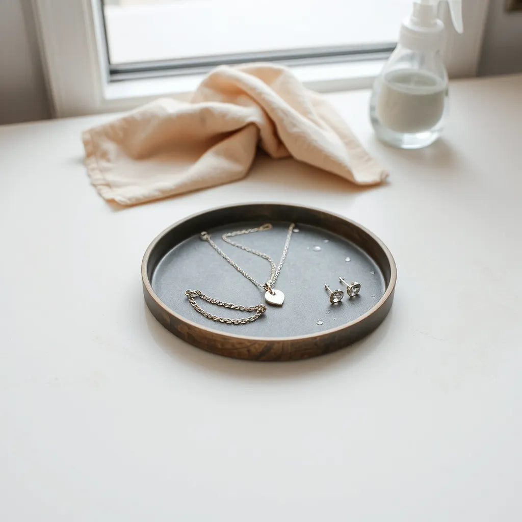 Silver-toned chain and earrings beside a microfiber cloth on a clean surface under soft natural light
