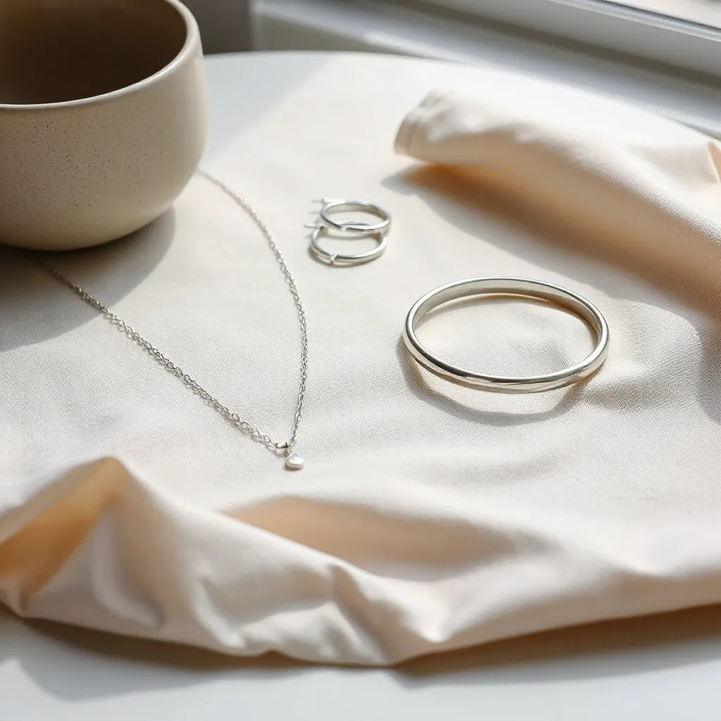 Silver necklace, hoop earrings, and bracelet arranged on neutral fabric with soft natural light