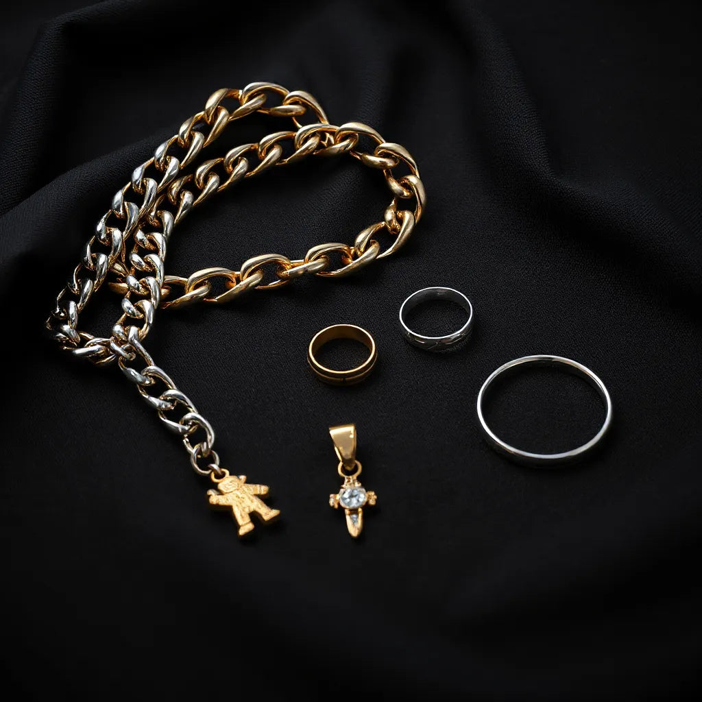 Assorted men’s hip hop jewelry accessories, including chain, pendant, rings, and bracelet on dark fabric