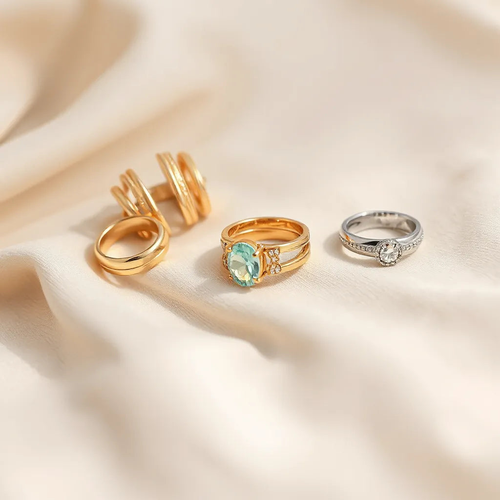 Assorted gold and silver statement rings on neutral fabric with soft natural light