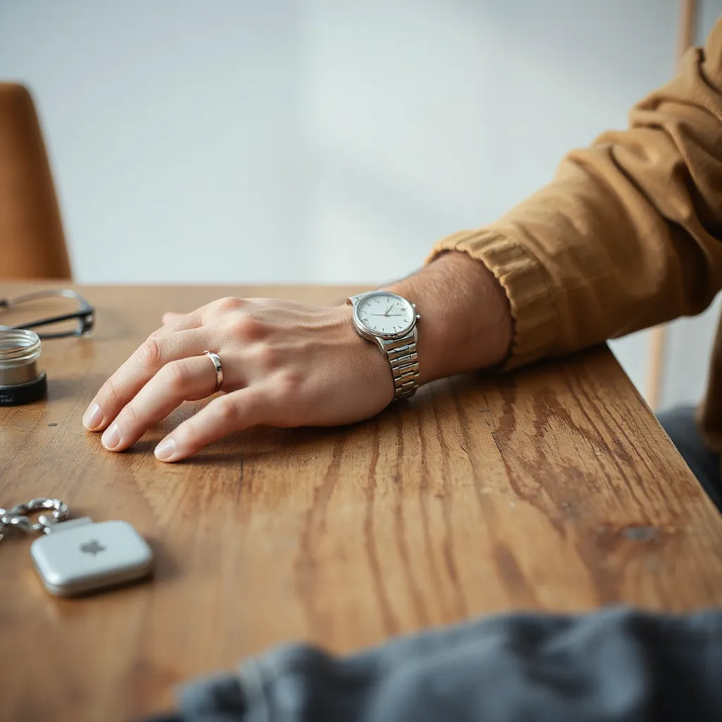Man wearing silver chain, bracelet, and ring on a wooden table in soft natural light