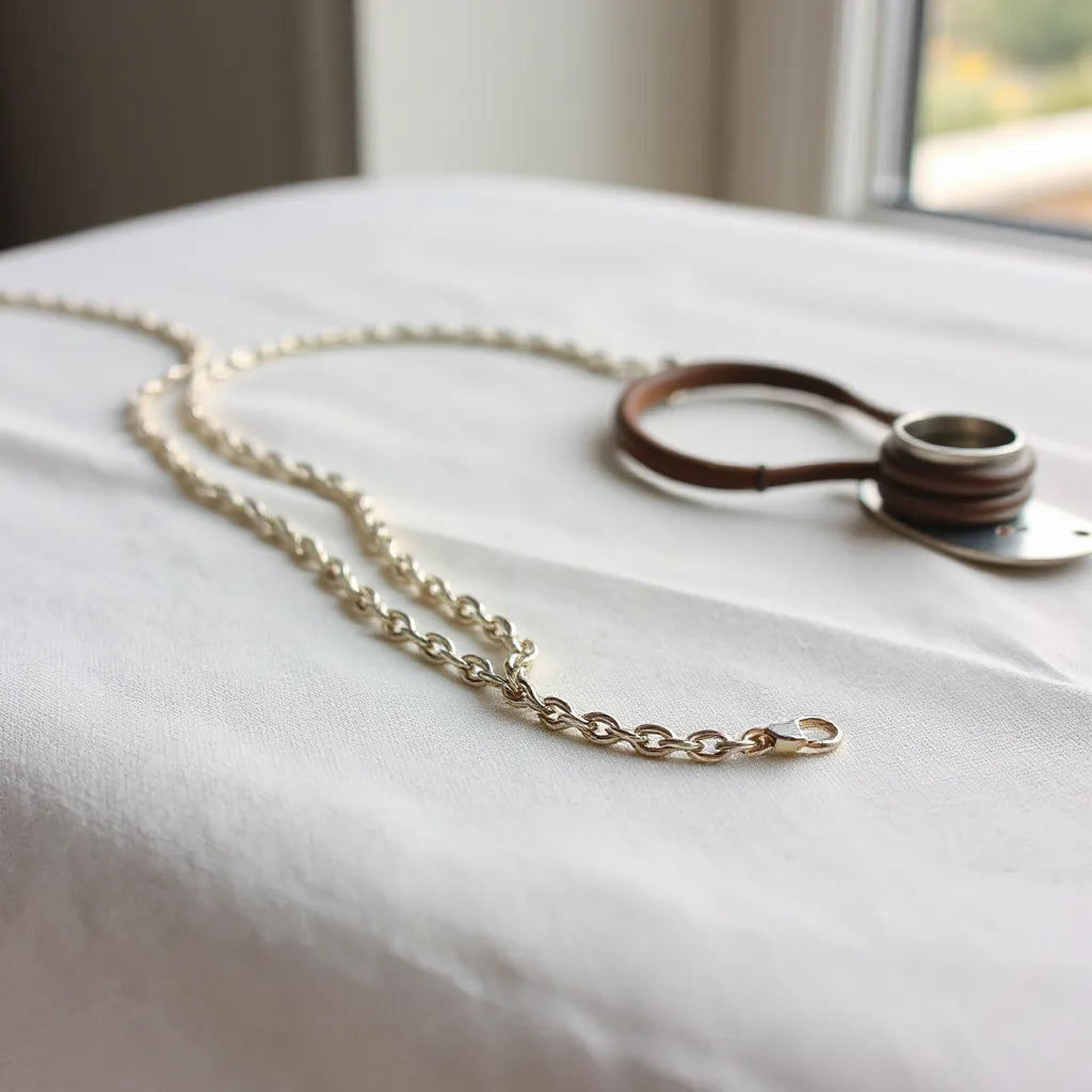 Silver rope chain necklace resting on neutral fabric with soft natural light and minimal styling