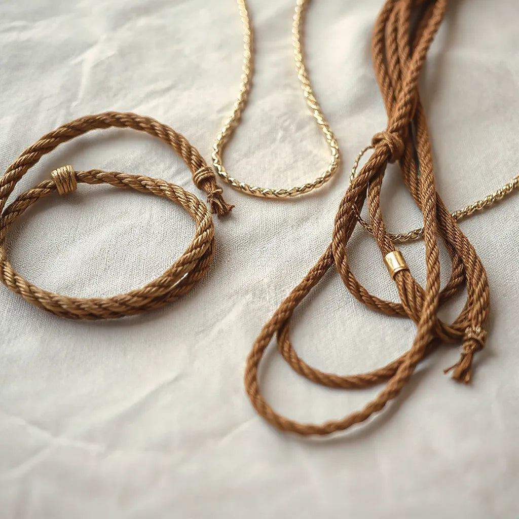 Assorted rope necklaces on neutral fabric, showing different weaves, thicknesses, and lengths for layering