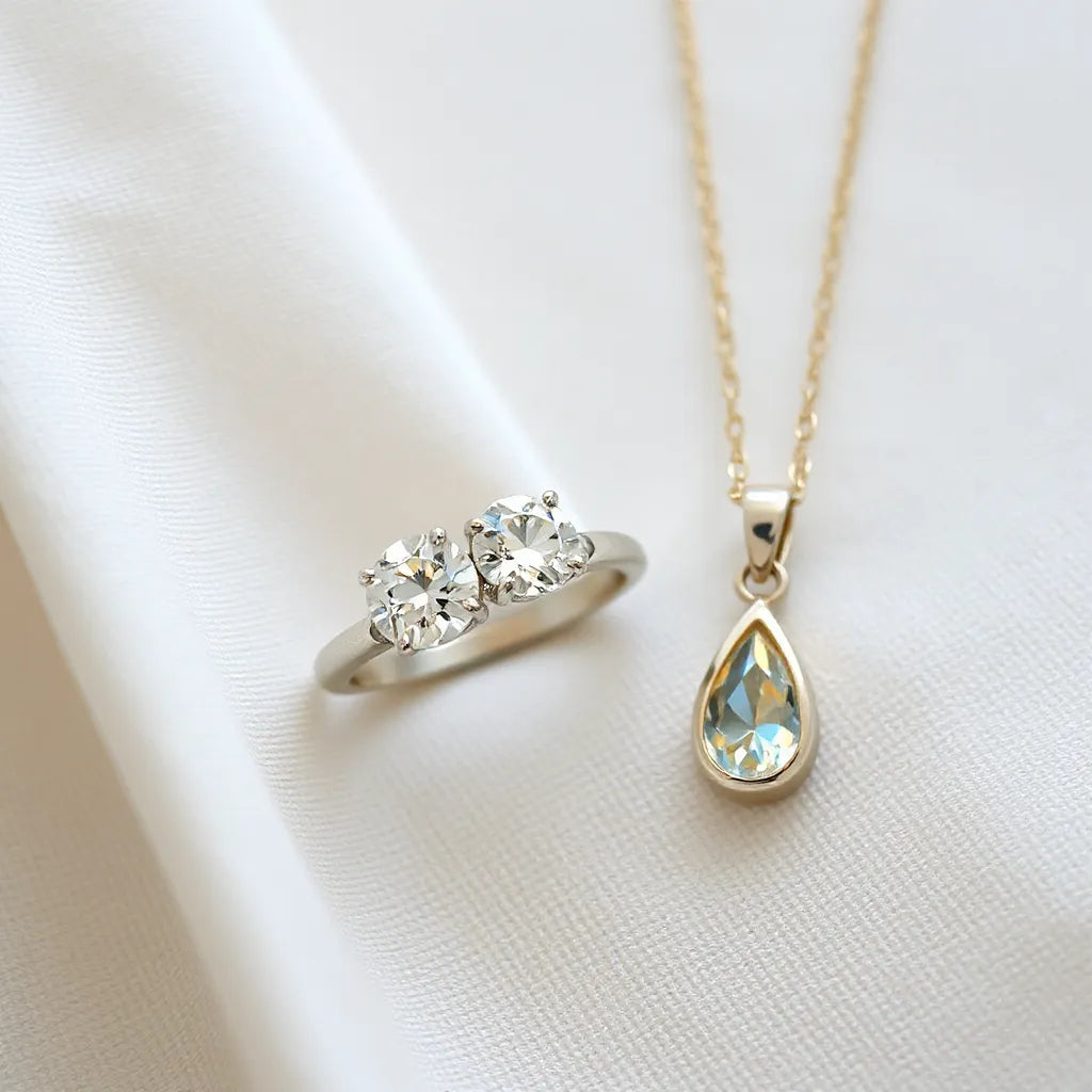 Moissanite solitaire ring and delicate pendant with crisp faceted sparkle in soft neutral light