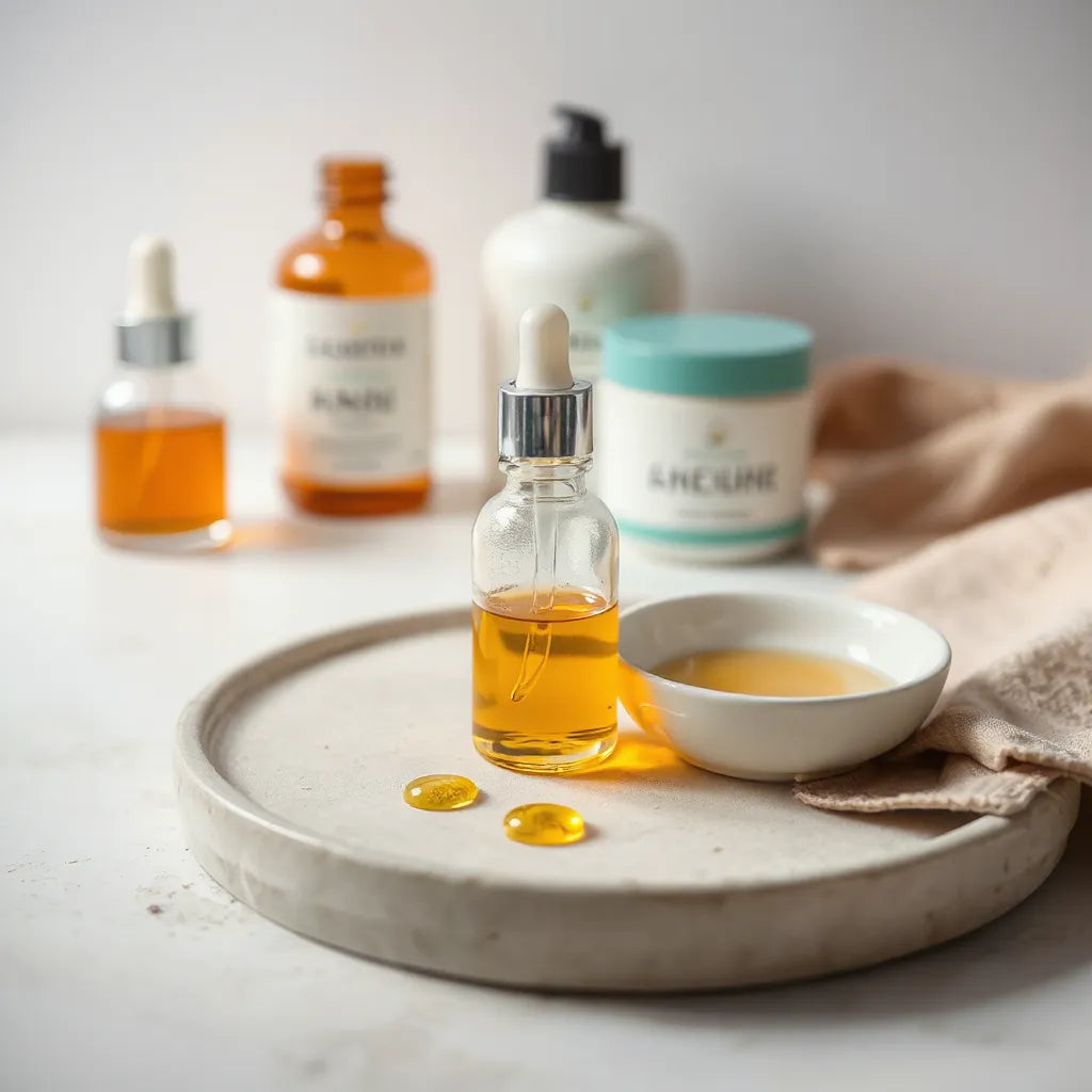 Glass dropper with amber oil drops on a minimal surface, paired with a soft skincare setup