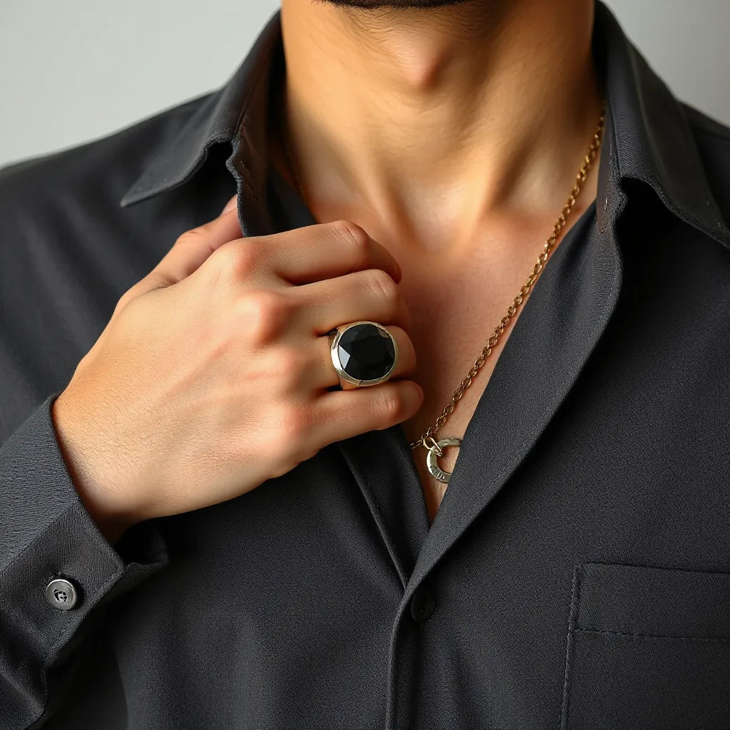 Man styling a chunky ring and statement chain on a plain dark shirt