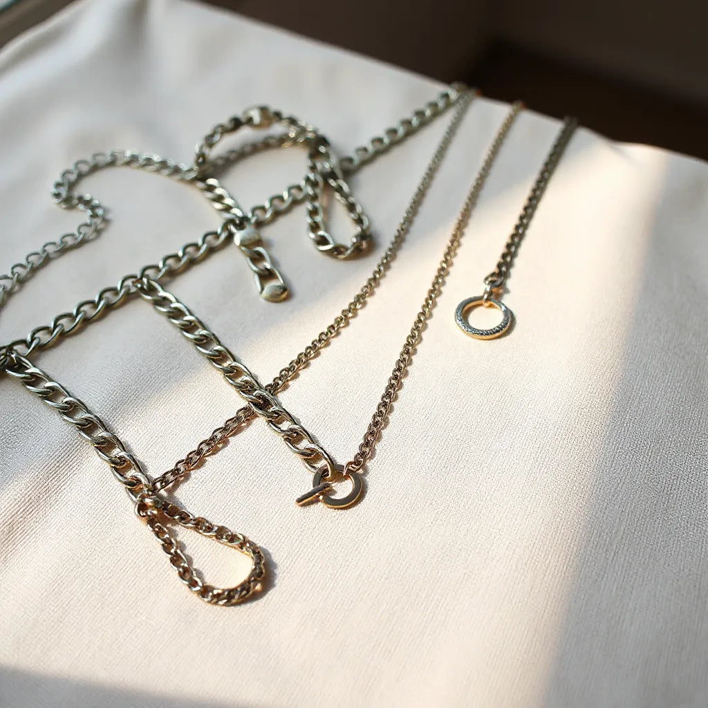 Assorted polished designer Italian chain necklaces on a light fabric background with soft natural lighting