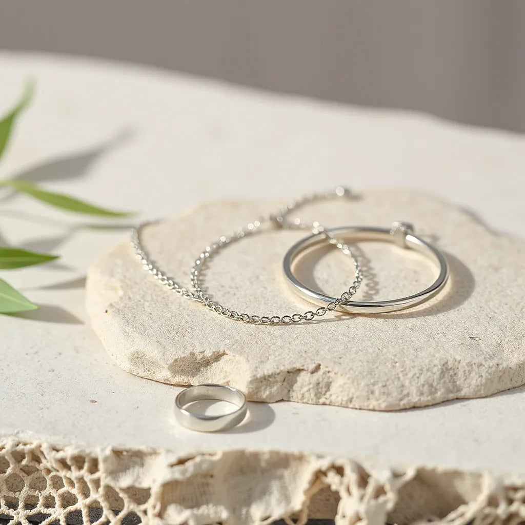 925 silver necklace, earrings, bracelet, and ring arranged neatly on a neutral stone surface