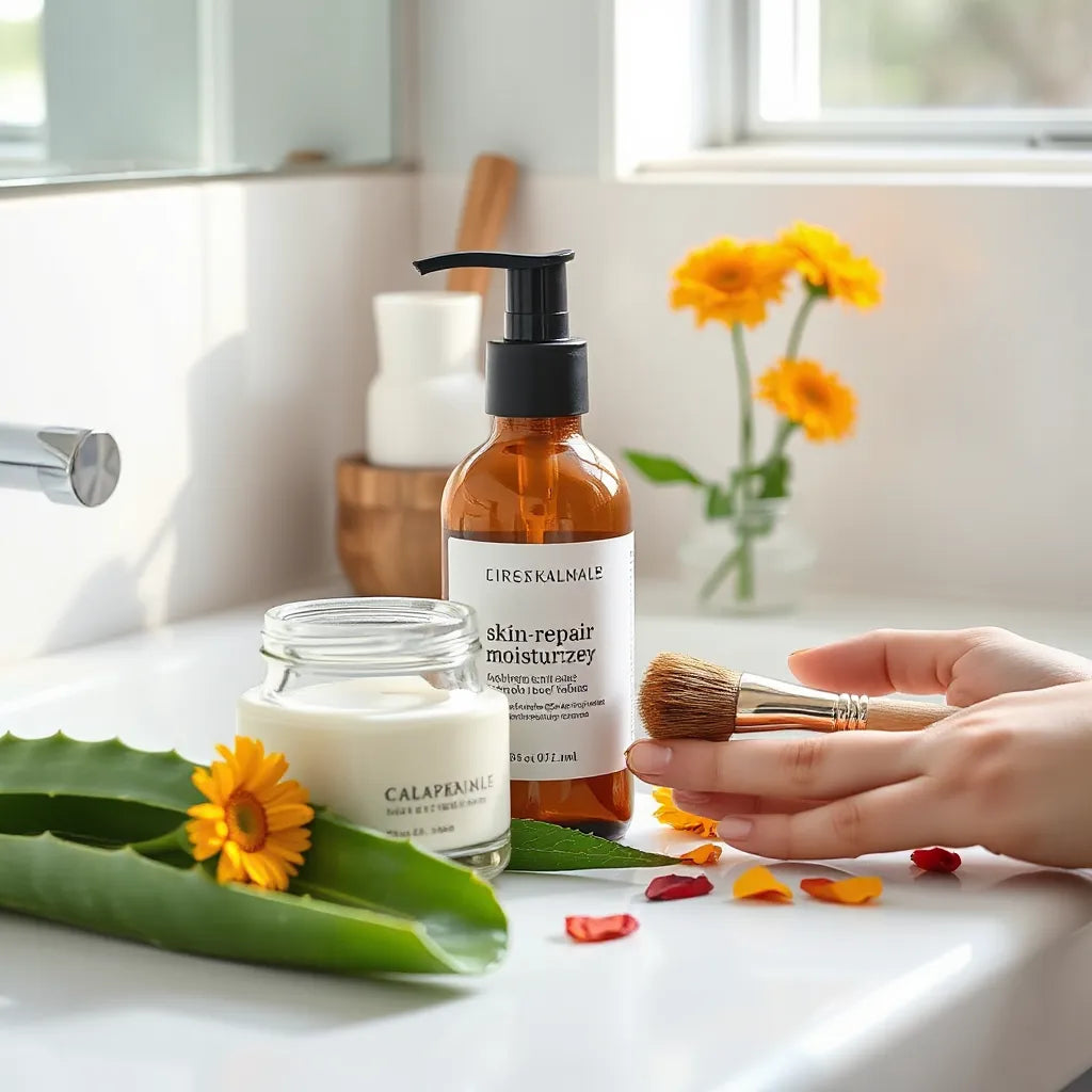 Jar and pump bottle of skin-repair moisturizer with aloe leaf and calendula petals on a clean counter