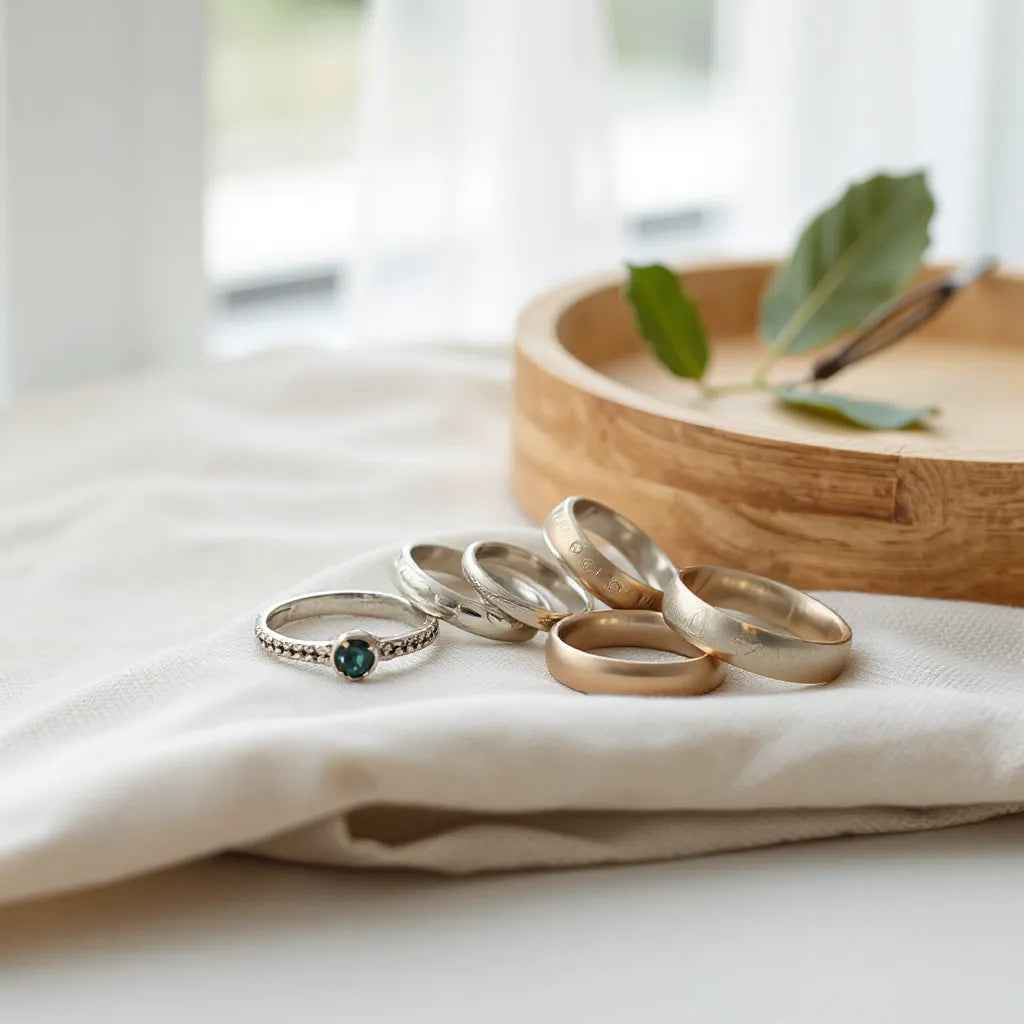 Assorted artisan rings with engraved and gemstone details on neutral fabric under soft natural light