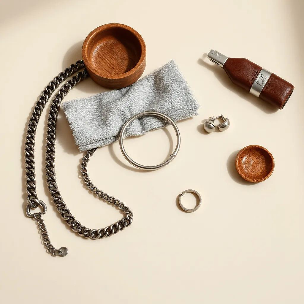 Minimal jewelry set of chains, earrings, and a bracelet arranged with a cleaning cloth