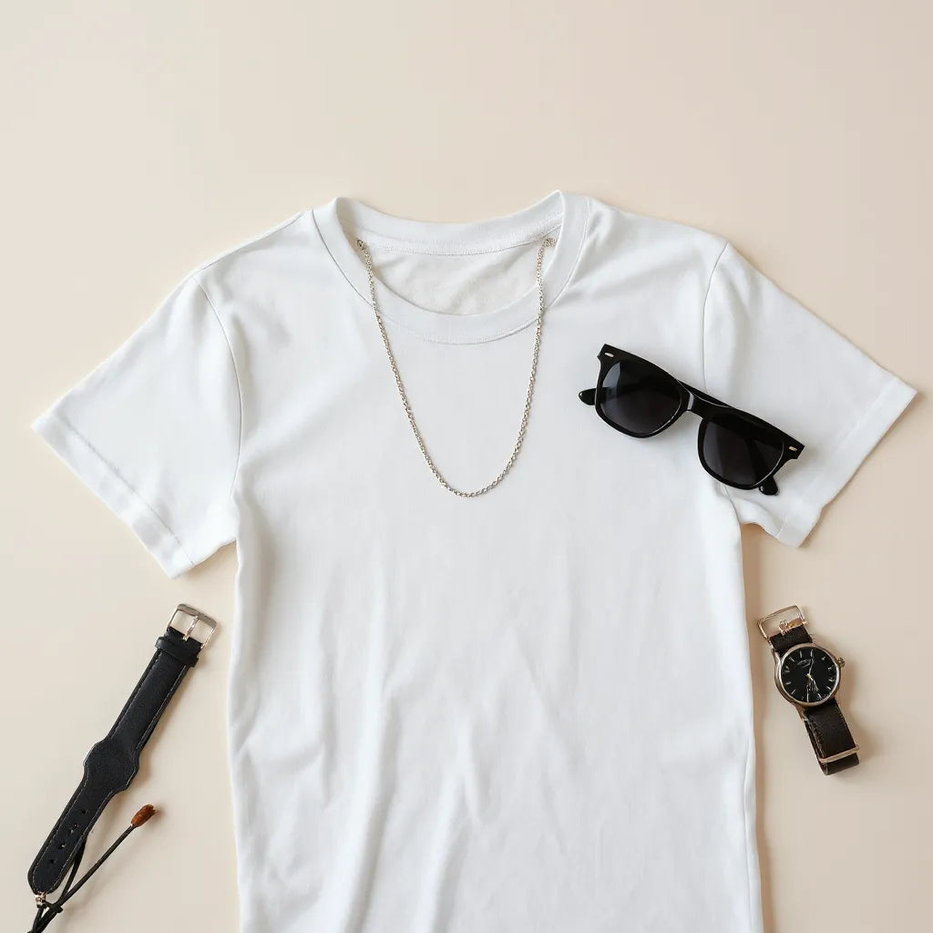 Delicate silver chain necklace styled with a white T-shirt and everyday accessories on a light background