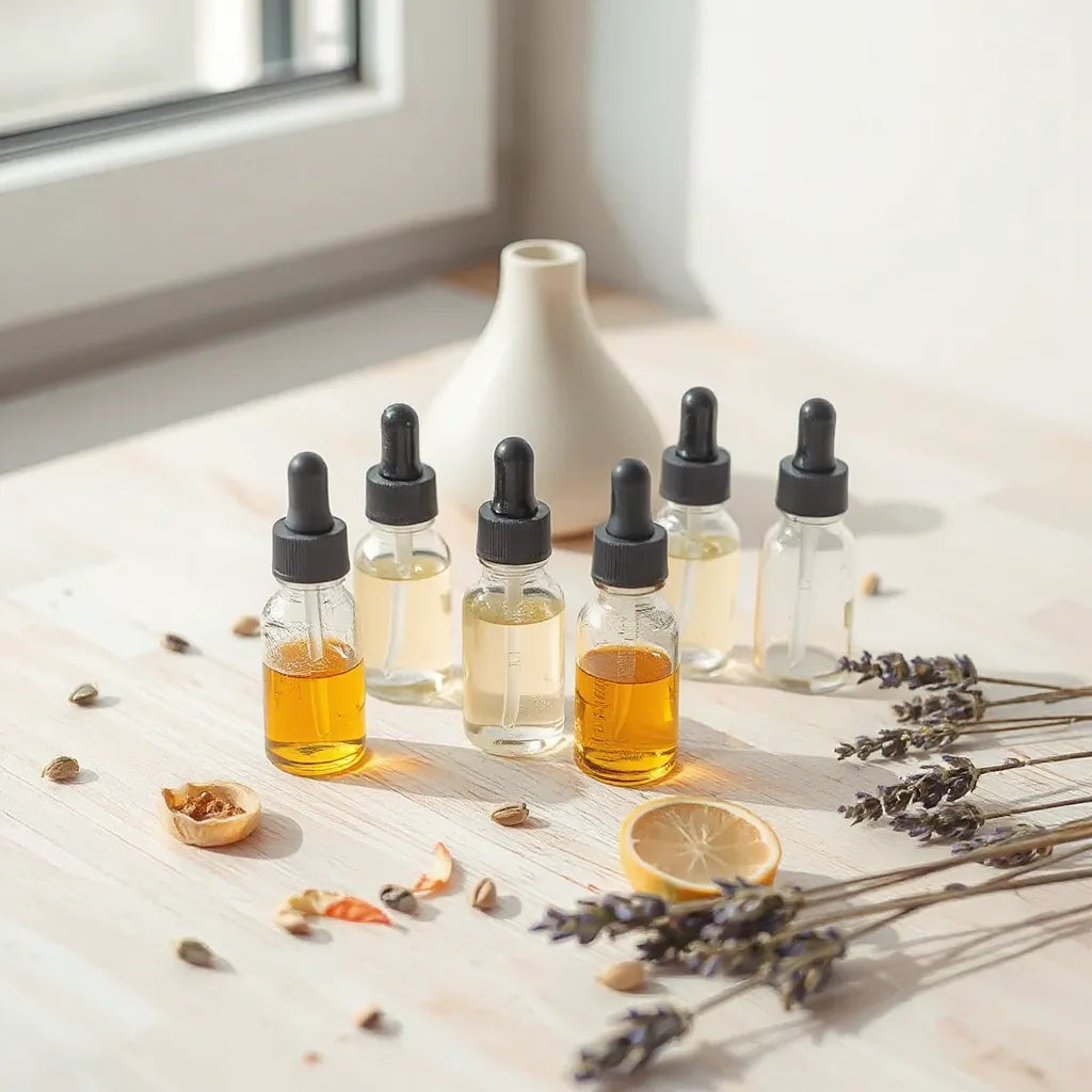 Glass essential oil bottles with droppers and a diffuser, with lavender and citrus botanicals on a wooden surface