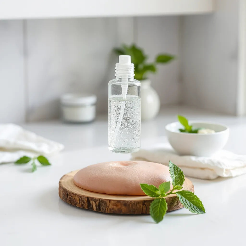 Glass facial mist bottle spraying a fine stream over dewy skin with a clean, minimal skincare setup
