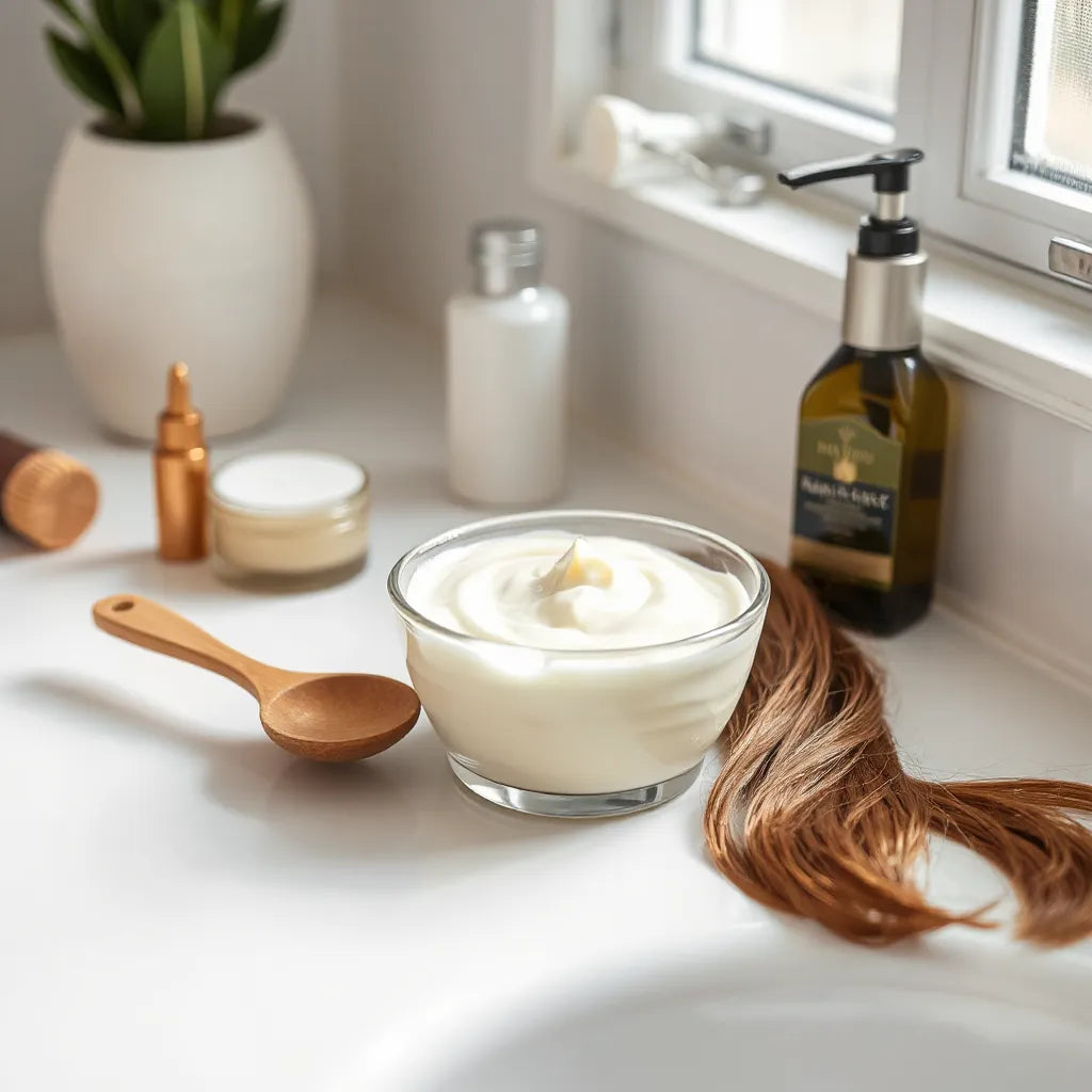 Creamy restorative hair mask in a glass bowl with a wooden spatula and glossy hair strands on a clean vanity