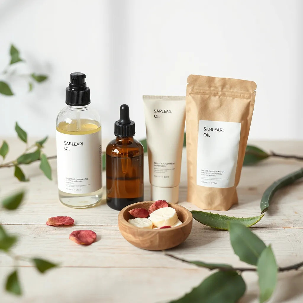 Eco-friendly skincare products and natural botanicals arranged on a light wood surface