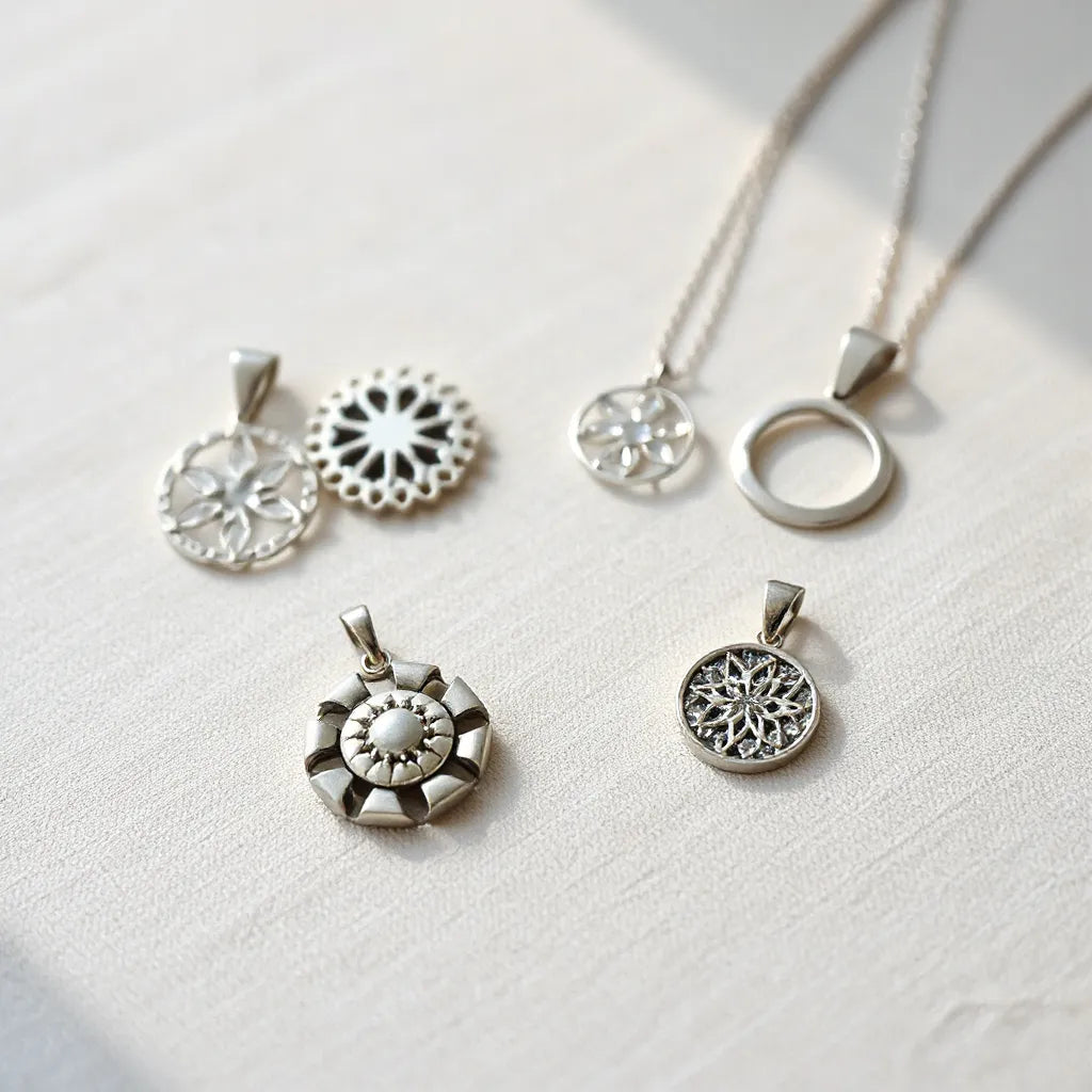 Assorted unique silver pendants with varied designs arranged on neutral fabric