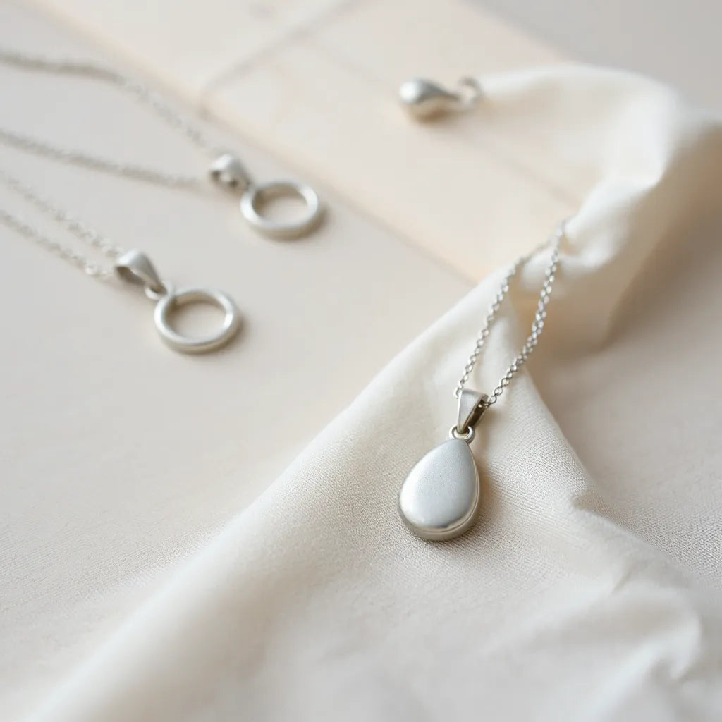 Silver pendant necklace with reflective chain and a teardrop pendant on a neutral background