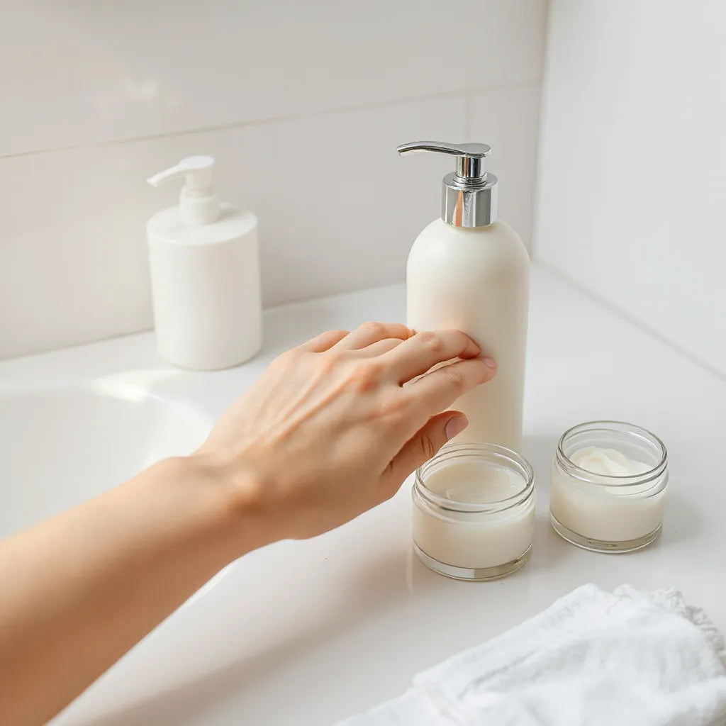 Hand applying creamy moisturizing lotion to a forearm beside a pump bottle on a clean countertop