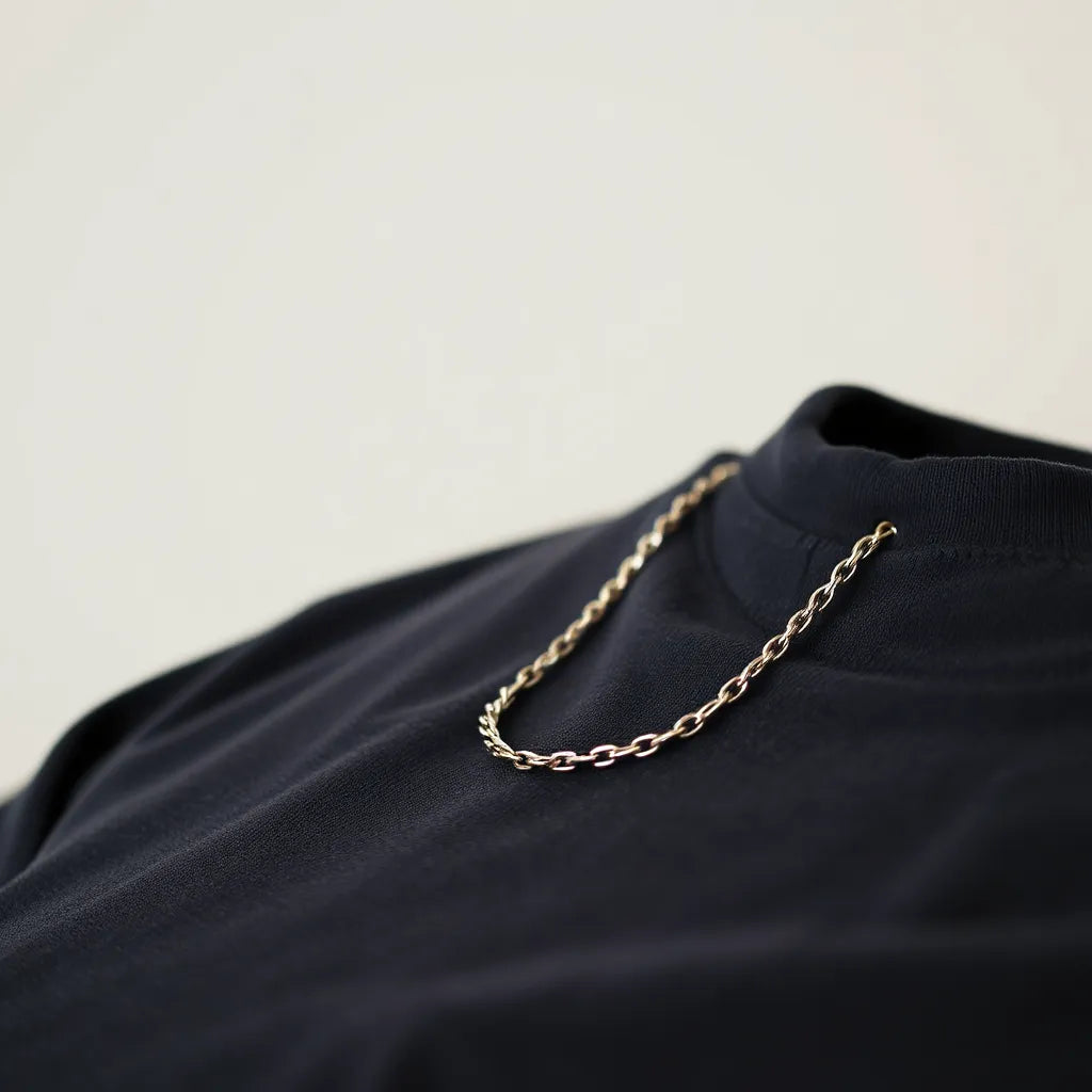 Mens silver chain necklace on a neutral backdrop with soft studio lighting and a dark shirt collar