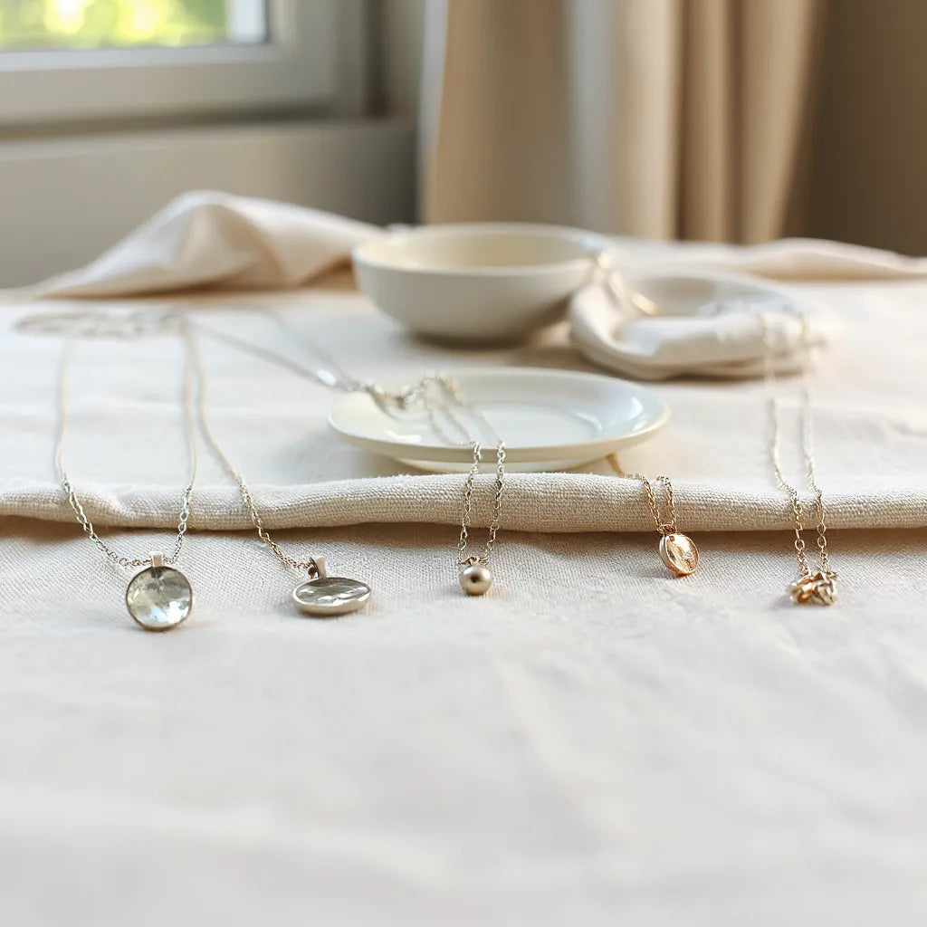 Handcrafted silver necklaces with delicate chains and small pendants on light fabric