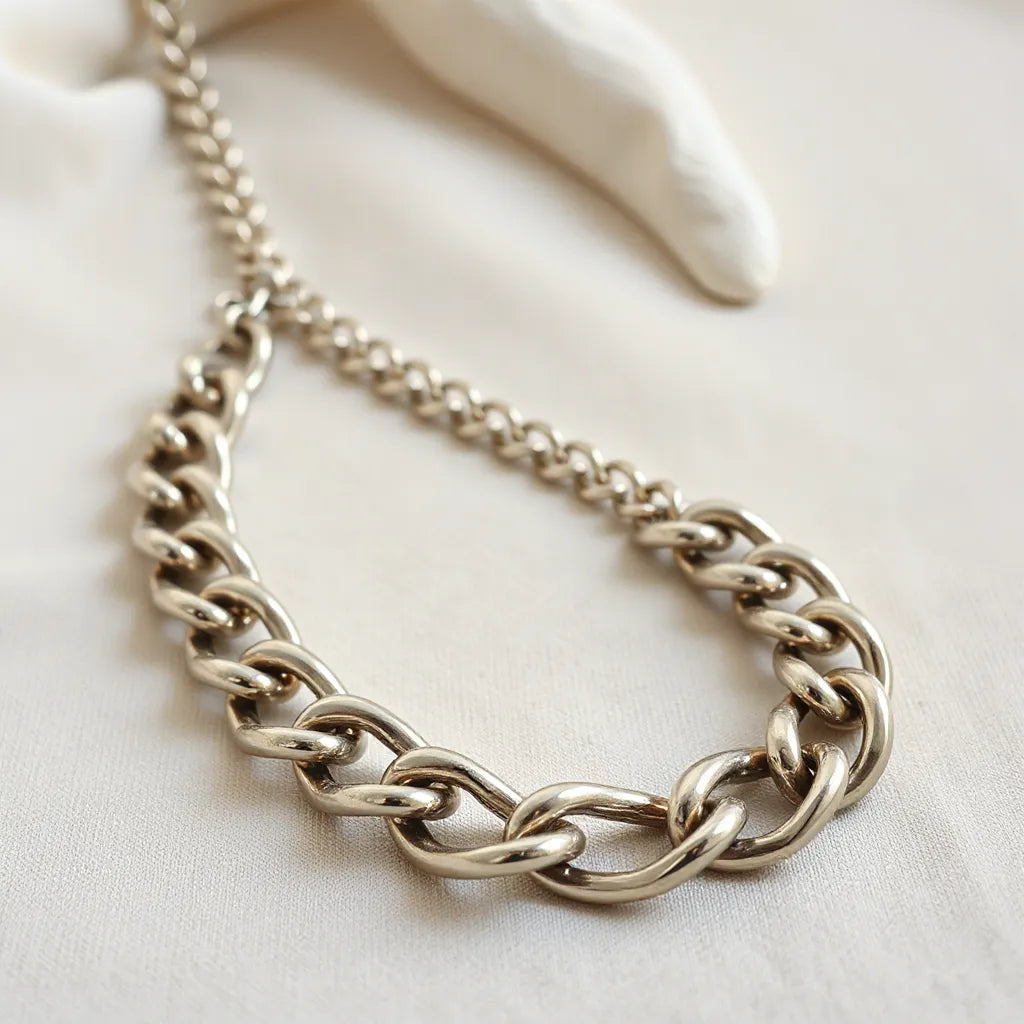 Polished Miami Cuban chain necklace with chunky links resting on neutral fabric