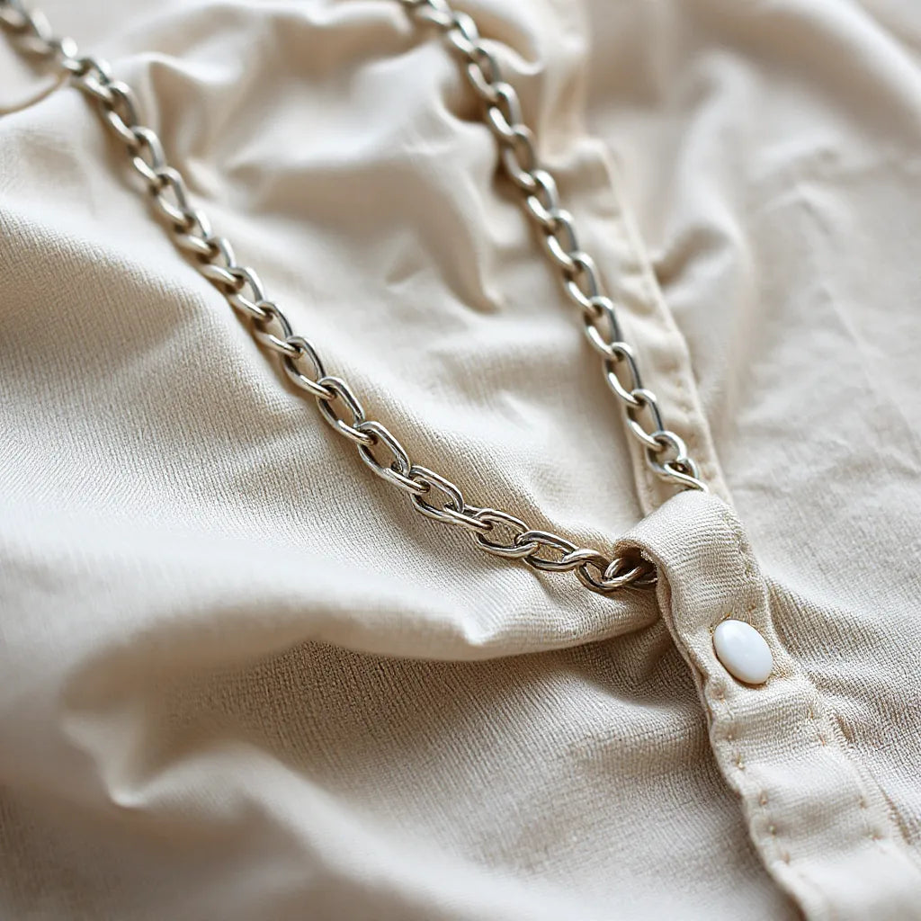 Mens silver chain necklace with visible links on a neutral shirt in soft studio lighting
