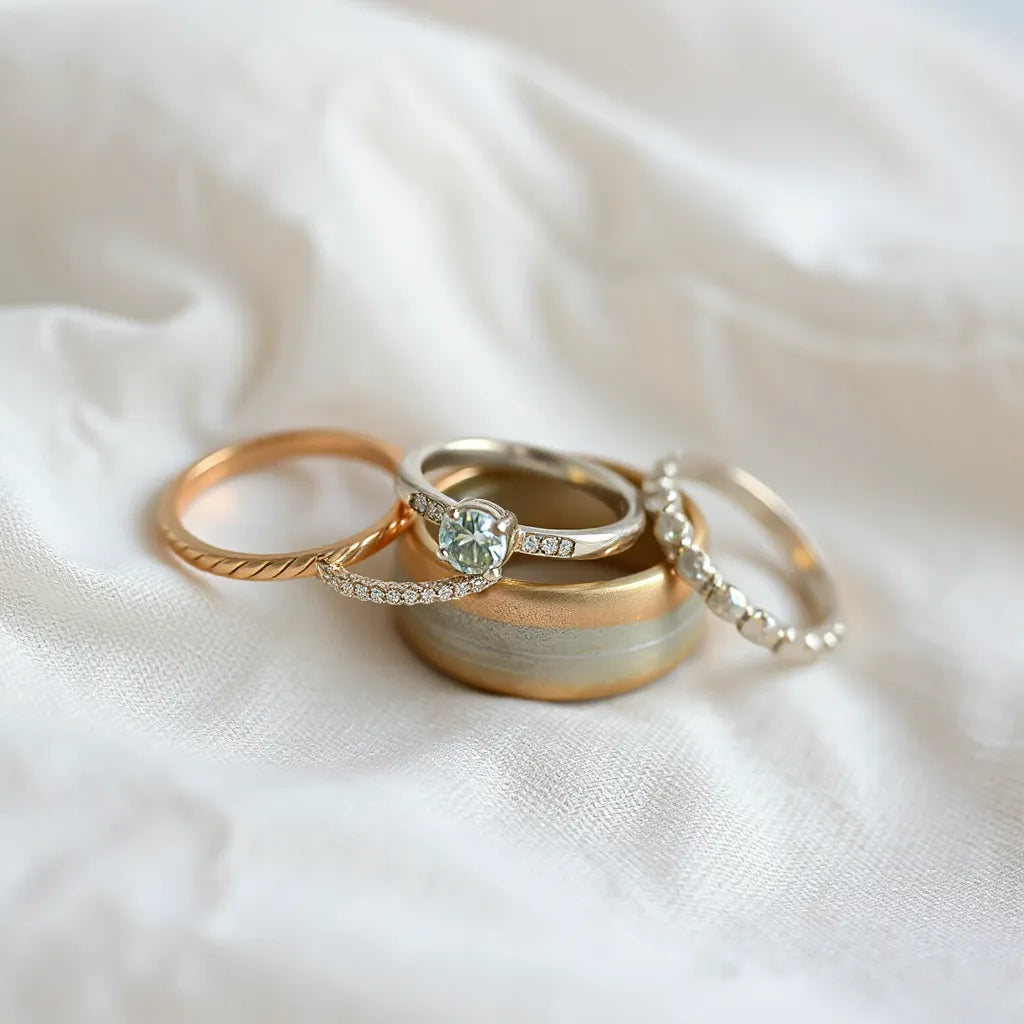 Hand-finished rings in different metal tones arranged on neutral fabric